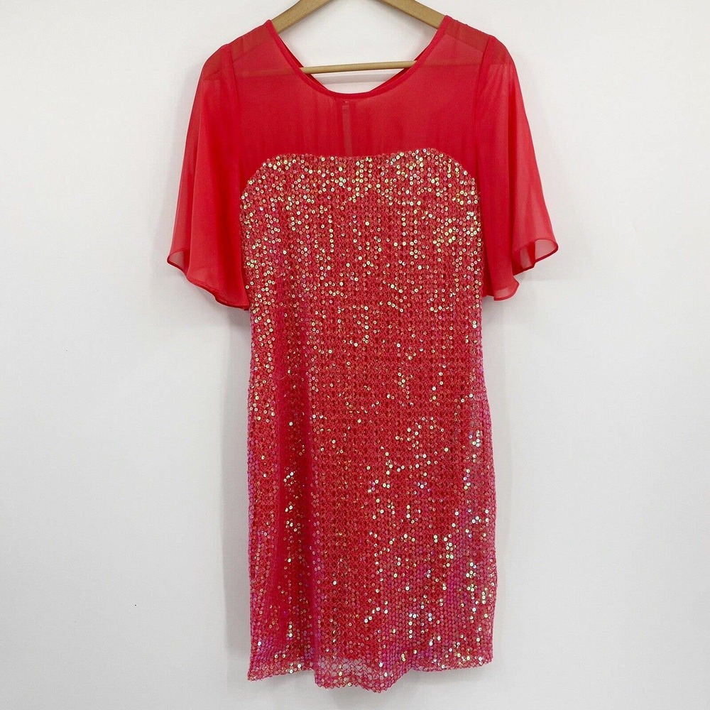 Maria Bonita Flutter Sleeve Sequin Sheath Dress Coral Pink Sz M